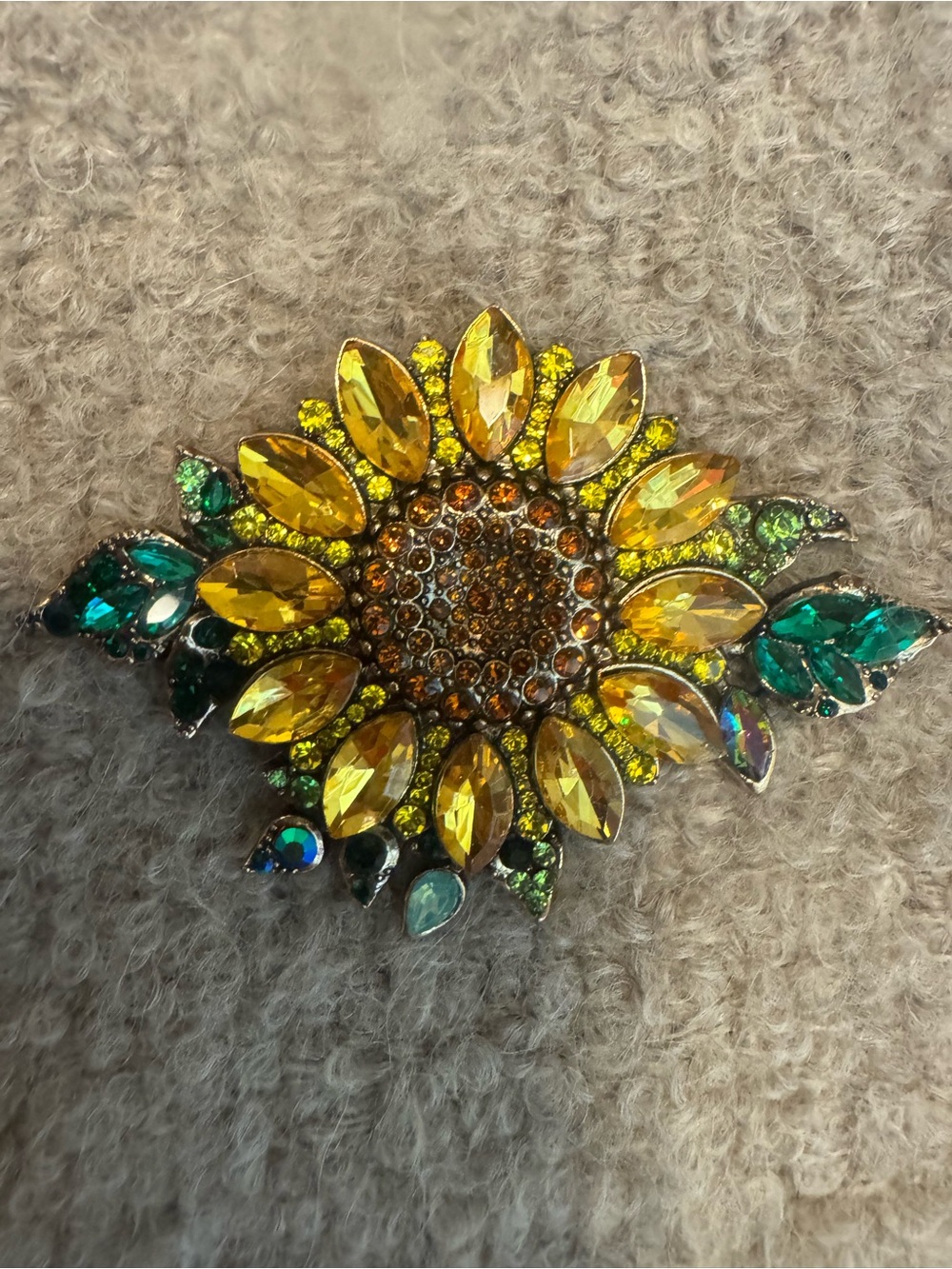 Sunflower Crystal Brooch - Yellow & Emerald Floral Pin
